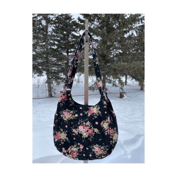 90s Grunge Floral Hobo Bag Canvas Lined Pockets - Picture 4 of 5
